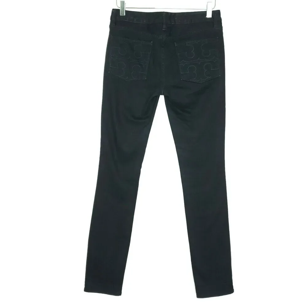 Tory Burch Super Skinny Jeans 28 Black Logo Pocket Mid Rise stretch